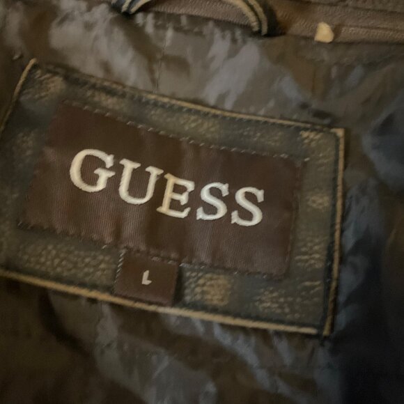 Guess Mens Black faux  Leather Jacket Y2K Brown Hoodie Size L vintage grunge - Picture 2 of 12